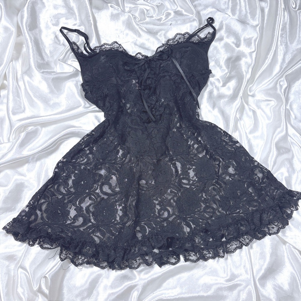 y2k Enchanting Babydoll Black Excellent Sheer Floral Lace Ruffle Chemise